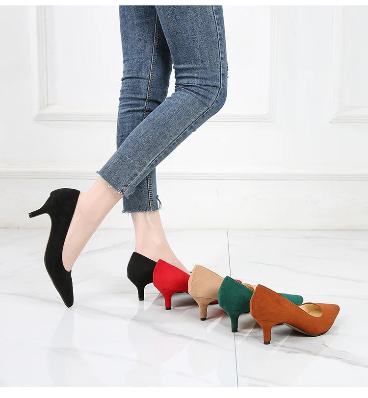 Femmes daim chaussures simples 5CM mode bout pointu sans lacet talons hauts printemps automne bouche peu profonde pompes à talons aiguilles grande taille 45 46