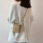 Mini sac à bandoulière seau en paille pour femmes, sacs à main et bourses de marque tissés avec chaîne à la mode, sacs à bandoulière simples, été 2026