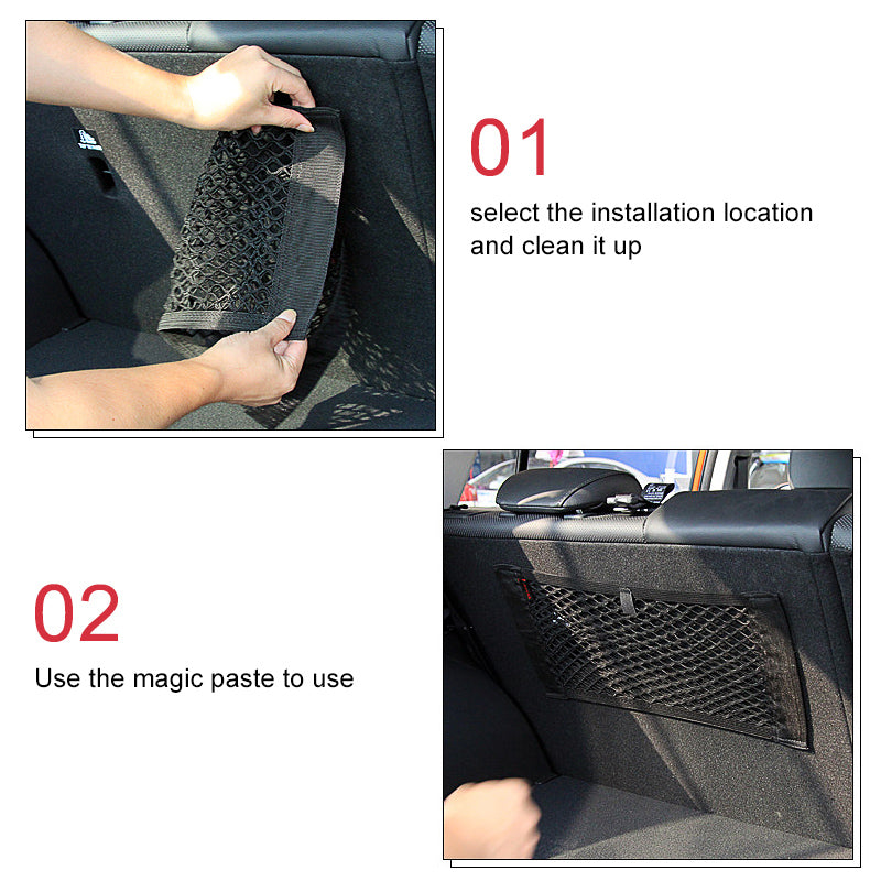 Filet de rangement pour coffre arrière de voiture, filet en maille pour siège, corde élastique, autocollant magique, sac de rangement universel, organisateur de poche pour voiture