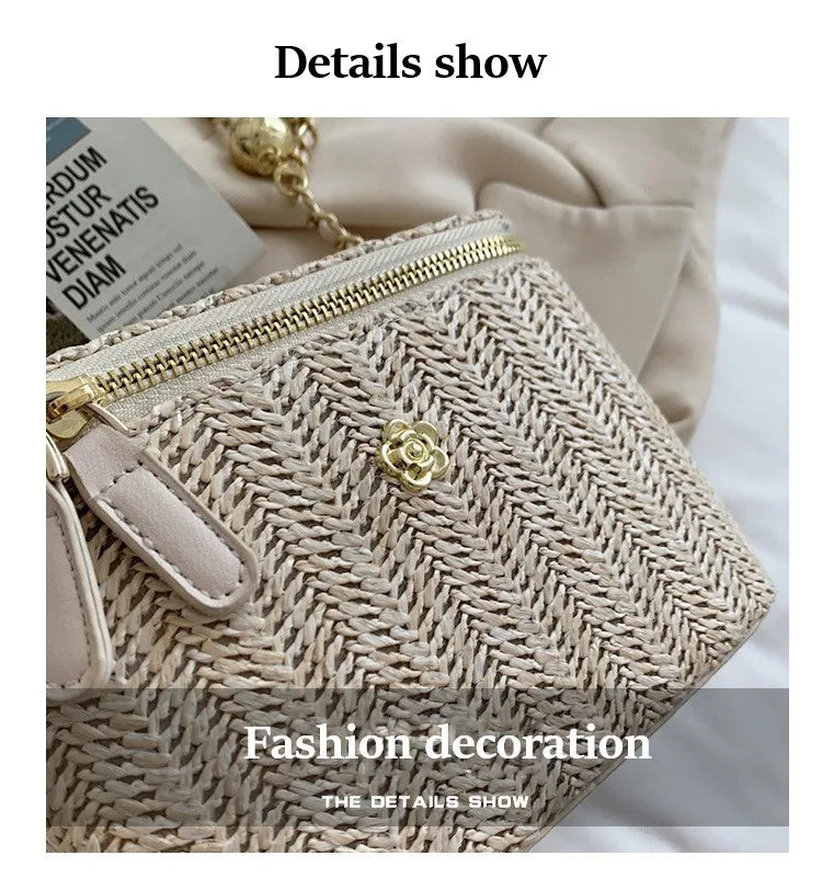Mini sac à bandoulière seau en paille pour femmes, sacs à main et bourses de marque tissés avec chaîne à la mode, sacs à bandoulière simples, été 2026