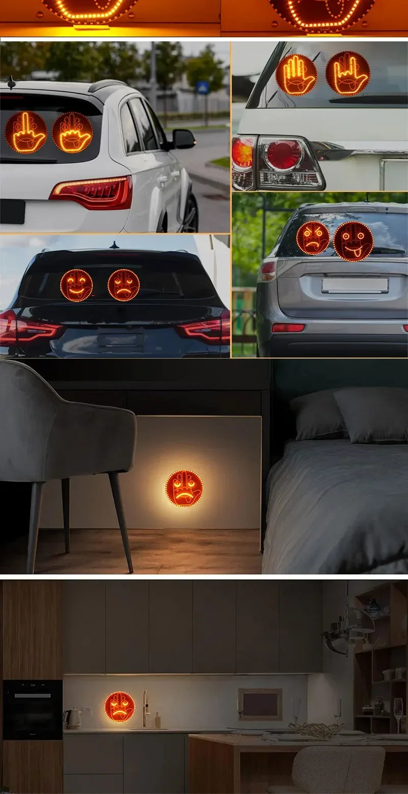 Lumière LED d'expression faciale amusante pour voiture, avec télécommande, fenêtre arrière, lampe de rappel d'avertissement multifonction, accessoires extérieurs