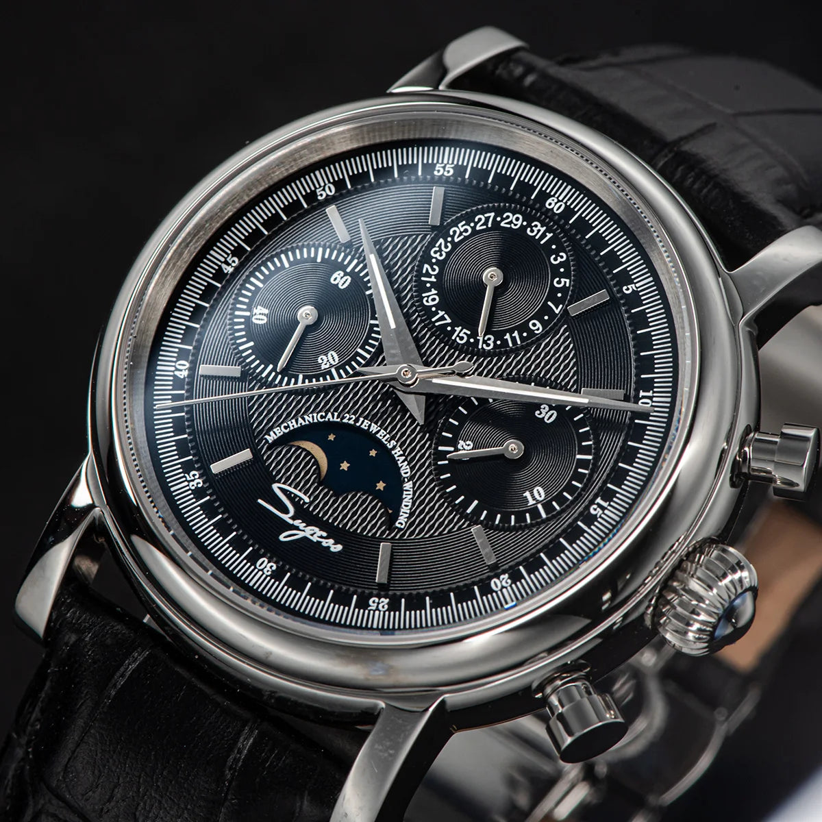 Sugess – montre-bracelet pour hommes, ST1908, mouvement à col de cygne, chronographe mécanique, véritable calendrier de phase de lune, cuir Vintage, nouveau 2026