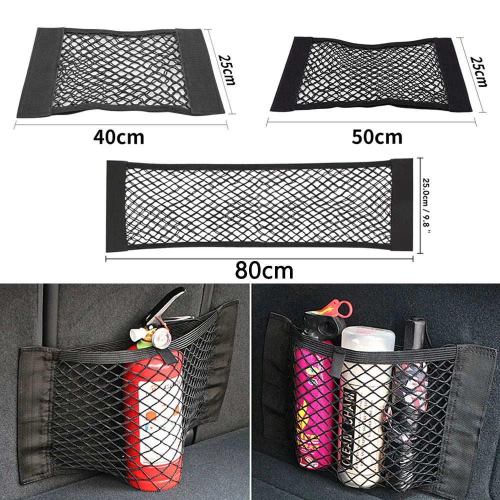Filet de rangement pour coffre arrière de voiture, filet en maille pour siège, corde élastique, autocollant magique, sac de rangement universel, organisateur de poche pour voiture