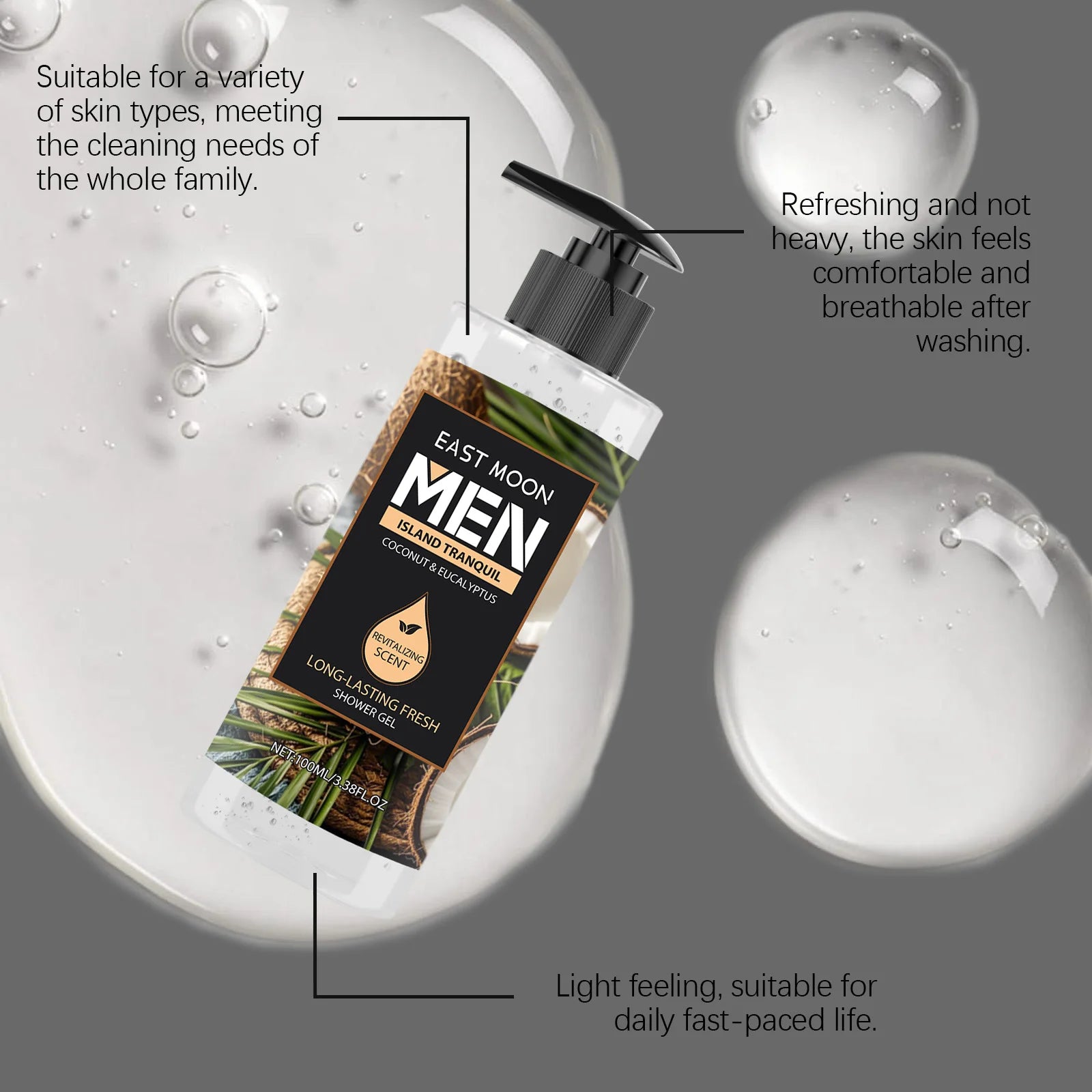 Gel douche nettoyant en profondeur pour hommes, Eucalyptus, noix de coco, parfum rafraîchissant, parfum longue durée, contrôle de l'huile, 100ml