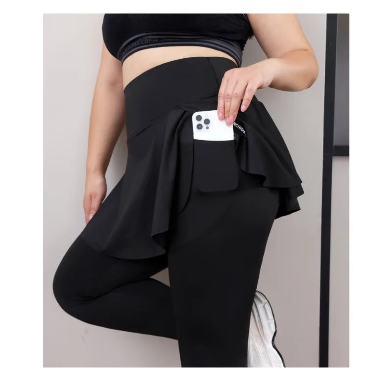 Leggings de Yoga faux deux articles, grande taille, 200lb, avec poches, jupe taille haute en peau de requin, pantalon d'entraînement, collants Slim