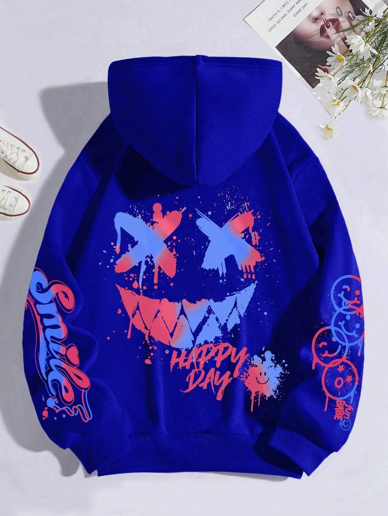 Happy Day – sweat à capuche imprimé Graffiti pour femmes, style Hip Hop, à la mode, col rond, polyvalent, Vintage, surdimensionné, vêtements féminins