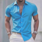 Chemise décontractée pour hommes de couleur unie, tissu extensible à manches courtes décontracté à la mode, chemise formelle d'affaires, tissu confortable
