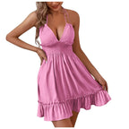 Robe de plage en V profond pour femmes, dos nu, sexy, dos nu, forme trapèze, mini robes à volants, couleur unie, vacances, été, 2026