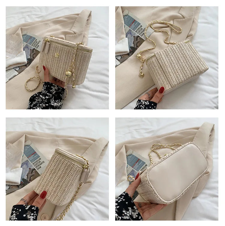 Mini sac à bandoulière seau en paille pour femmes, sacs à main et bourses de marque tissés avec chaîne à la mode, sacs à bandoulière simples, été 2026