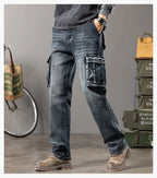 Jeans multi-poches coupe droite pour hommes, vêtements de travail à jambes larges en plein air, grande taille, 42, 44, nouveaux styles, automne et hiver