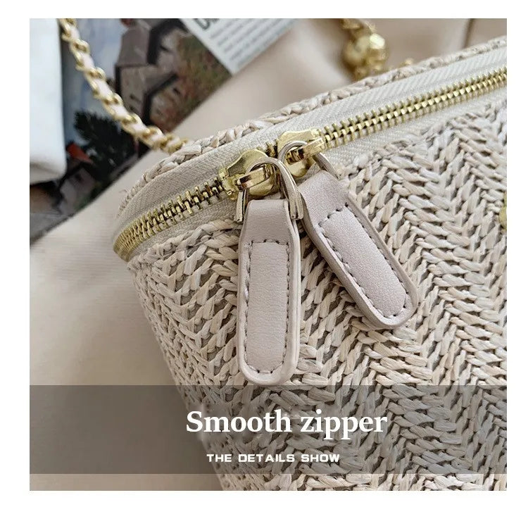 Mini sac à bandoulière seau en paille pour femmes, sacs à main et bourses de marque tissés avec chaîne à la mode, sacs à bandoulière simples, été 2026
