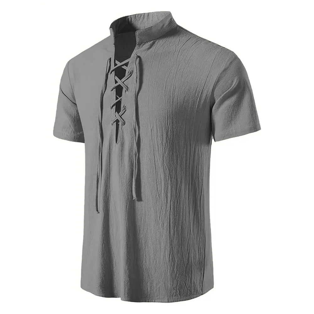 Chemise rétro à manches courtes pour hommes, en coton et lin, légère, respirante, couleur unie, hauts à la mode, col en v Pirate, chemises élégantes pour hommes