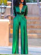 Uoozee – combinaison Sexy à col en v profond, taille haute, jambes larges, manches longues, couleur unie, tenues de fête amples, nouvelle collection 2026