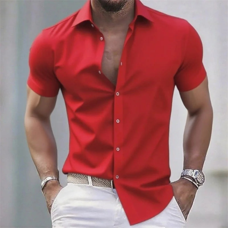 Chemise décontractée pour hommes de couleur unie, tissu extensible à manches courtes décontracté à la mode, chemise formelle d'affaires, tissu confortable