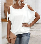 T-shirt pour femme à épaules dénudées, manches courtes, en maille douce unie, coupe ample, décontracté, chic, respirant, pour le quotidien, printemps-été