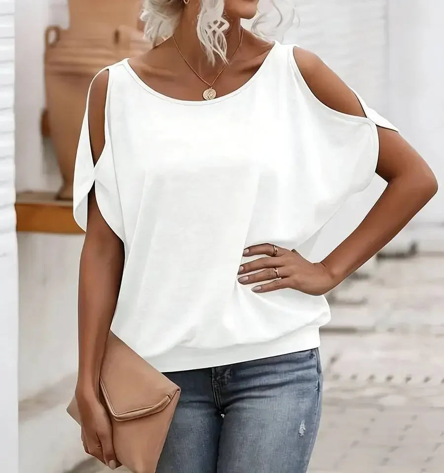 T-shirt pour femme à épaules dénudées, manches courtes, en maille douce unie, coupe ample, décontracté, chic, respirant, pour le quotidien, printemps-été