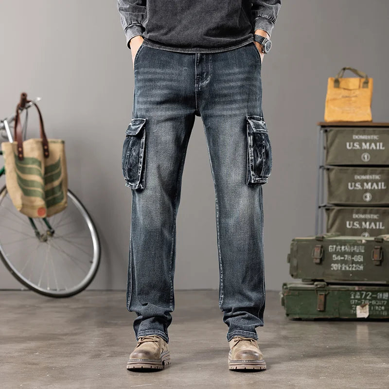 Jeans multi-poches coupe droite pour hommes, vêtements de travail à jambes larges en plein air, grande taille, 42, 44, nouveaux styles, automne et hiver