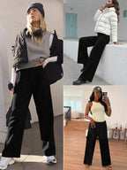 Pantalon large doublé polaire chaud, taille haute, coupe droite, pour femme, vêtement doux et décontracté, idéal pour l'extérieur en hiver