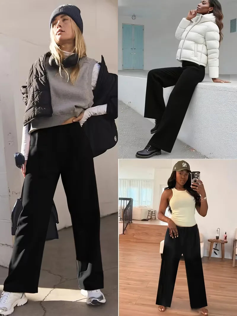 Pantalon large doublé polaire chaud, taille haute, coupe droite, pour femme, vêtement doux et décontracté, idéal pour l'extérieur en hiver