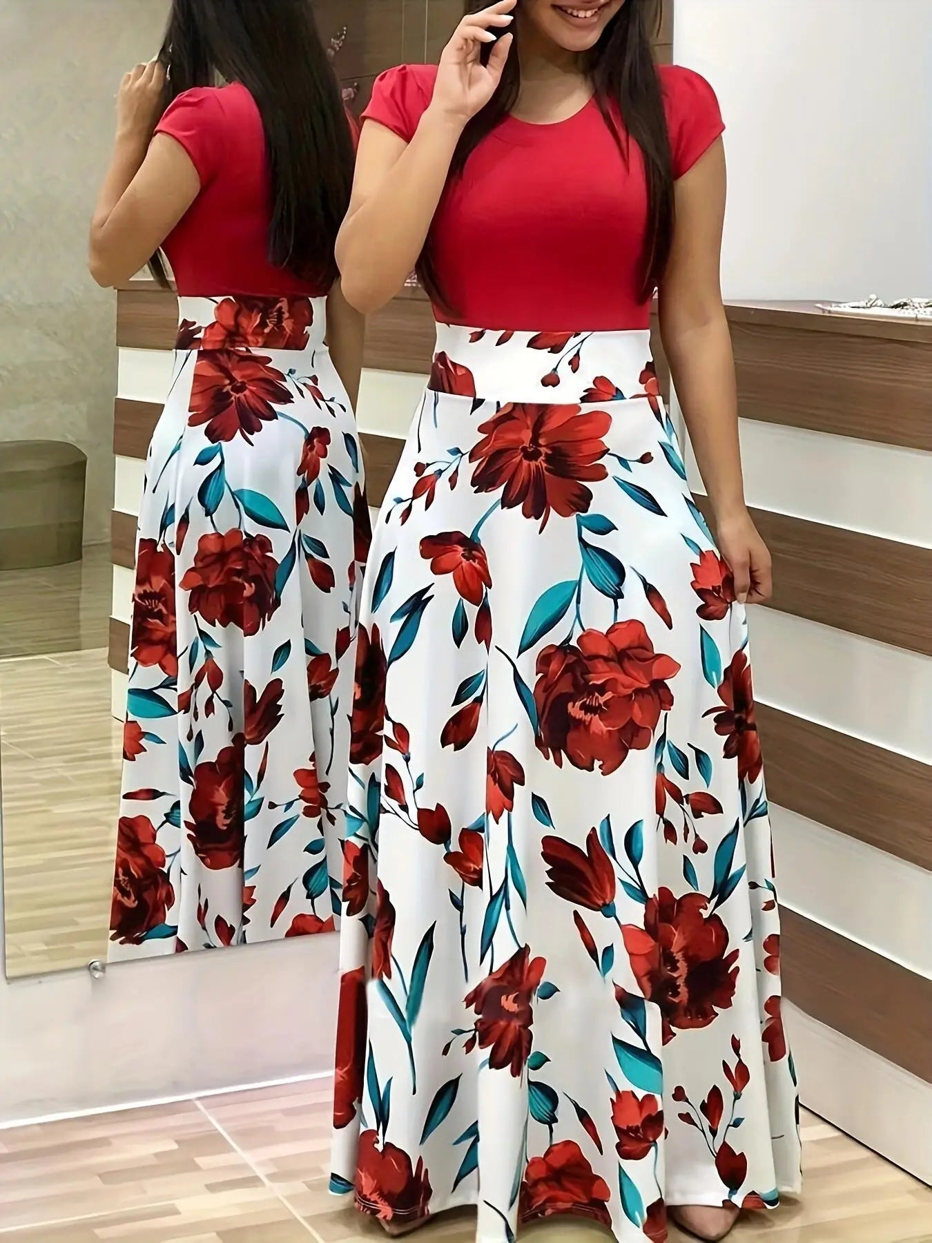 Robe à manches courtes pour femmes, style européen et américain, imprimé floral, couleur assortie, grande jupe trapèze, 2024