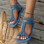 Sandales romaines tissées à la mode pour femmes, nouvelles sandales plates à lanières en T, grande taille, chaussures de plage confortables et antidérapantes pour dames, été 2026