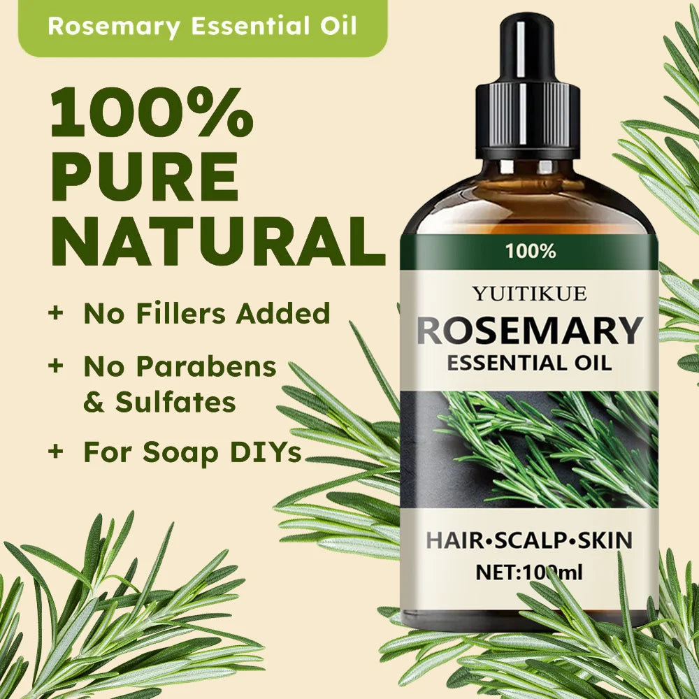 Huile essentielle de romarin 100 % pure, adaptée aux cheveux, au cuir chevelu et à la peau, à l'huile d'aromathérapie naturelle, nourrissante et revitalisante.