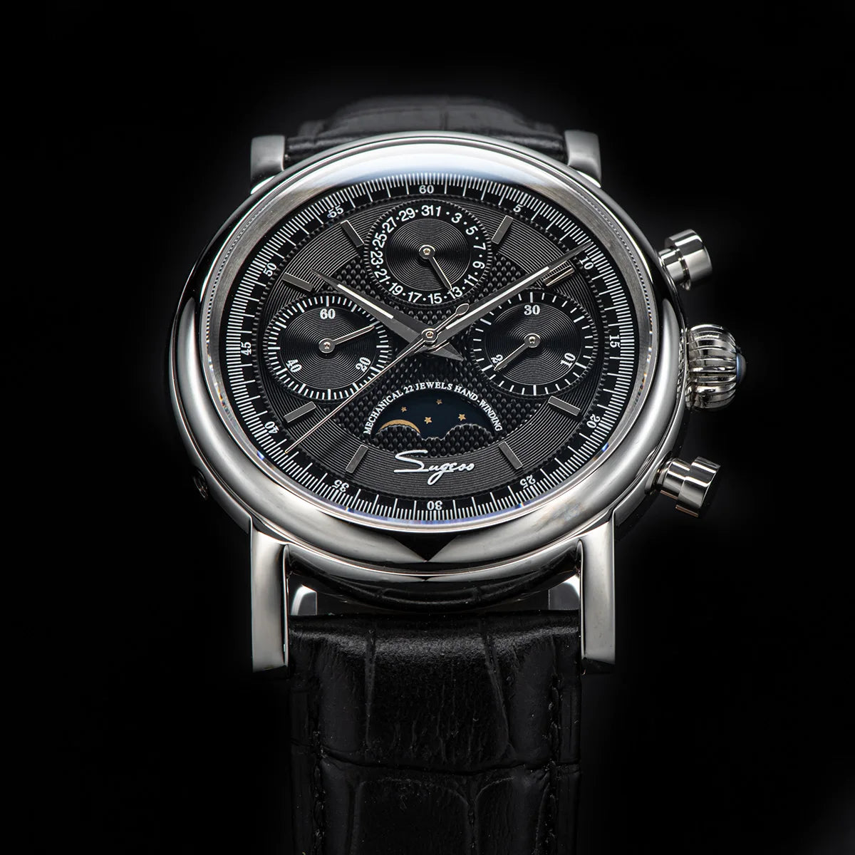 Sugess – montre-bracelet pour hommes, ST1908, mouvement à col de cygne, chronographe mécanique, véritable calendrier de phase de lune, cuir Vintage, nouveau 2026