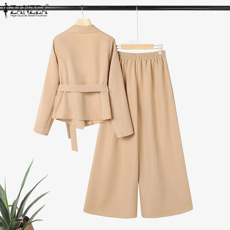 ZANZEA élégant 2 pièces pantalon ensembles à manches longues ceinturé léger Blazer et jambe large pantalon 2 pièces costumes bureau dame ensembles de déplacement