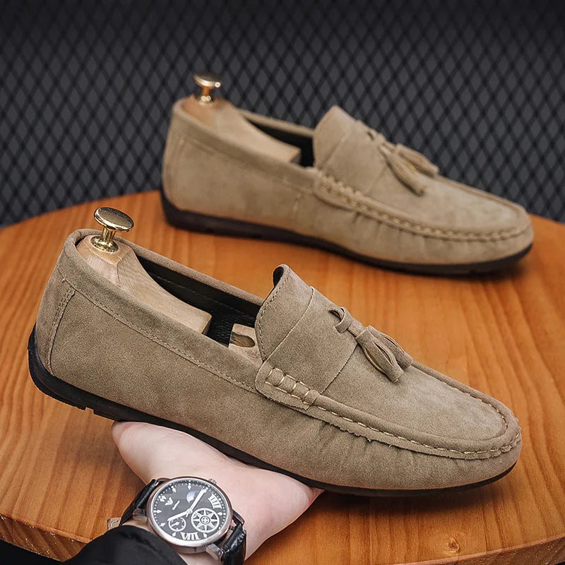 Mocassins en daim bleu pour hommes, chaussures de conduite plates respirantes, mocassins souples à enfiler, chaussures décontractées en cuir faites à la main, printemps et été