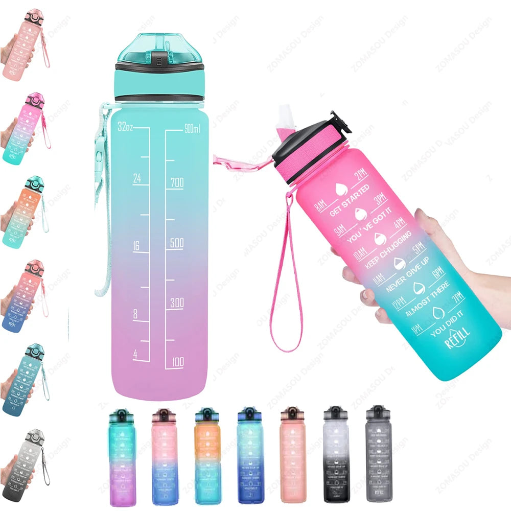 Bouteille d'eau de sport 1L avec paille, marqueur de temps, dégradé de couleur, bouteille de motivation, étanche, tasse d'eau potable pour étudiant en plein air