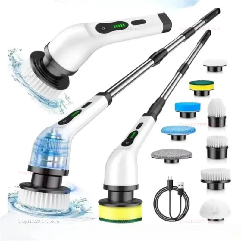 Épurateur électrique 9 en 1, brosse de nettoyage sans fil, douche, poignée d'extension réglable, étanche pour baignoire, carrelage et sol