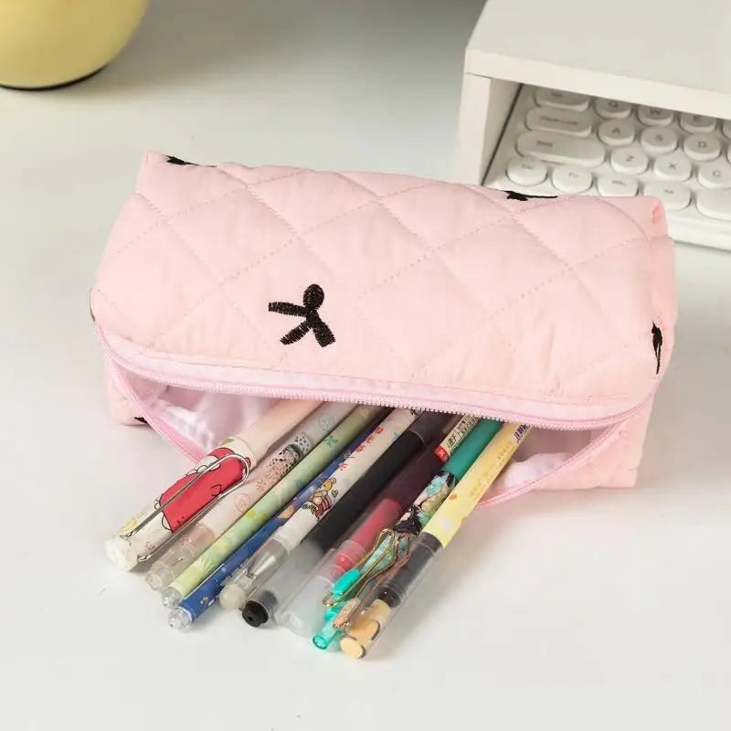 Trousse à crayons Simple à nœud papillon de couleur unie, boîte de rangement de papeterie de bureau Portable, sacs à crayons multifonctionnels pour étudiants 1 pièces