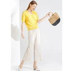 Pantalon large décontracté pour femme, longueur cheville, taille élastique, en soie glacée, couleur unie, printemps-été