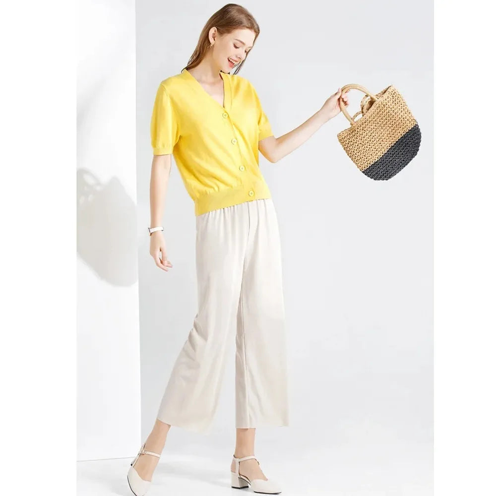 Pantalon large décontracté pour femme, longueur cheville, taille élastique, en soie glacée, couleur unie, printemps-été