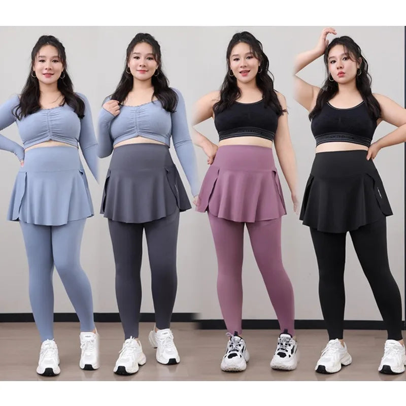 Leggings de Yoga faux deux articles, grande taille, 200lb, avec poches, jupe taille haute en peau de requin, pantalon d'entraînement, collants Slim