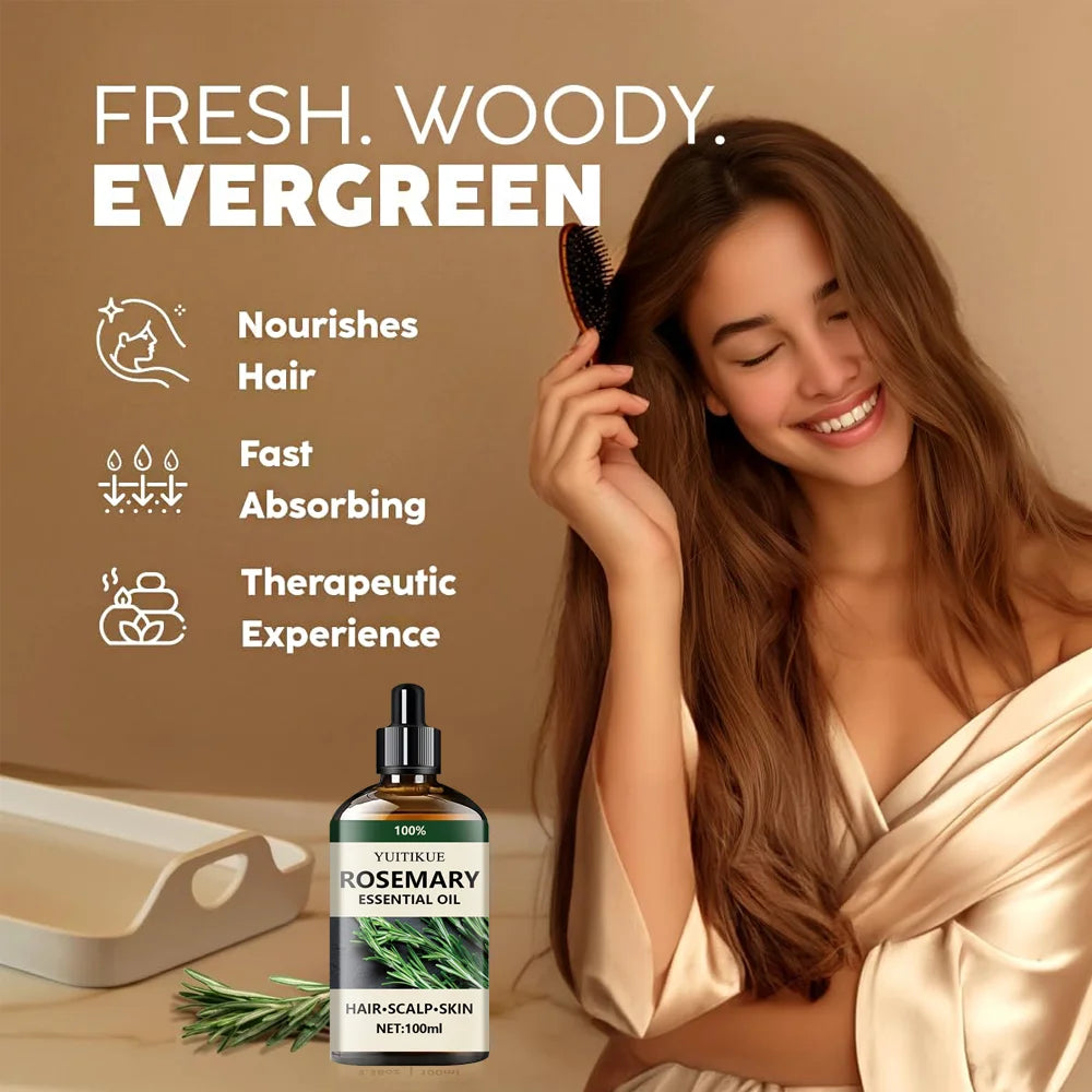 Huile essentielle de romarin 100 % pure, adaptée aux cheveux, au cuir chevelu et à la peau, à l'huile d'aromathérapie naturelle, nourrissante et revitalisante.