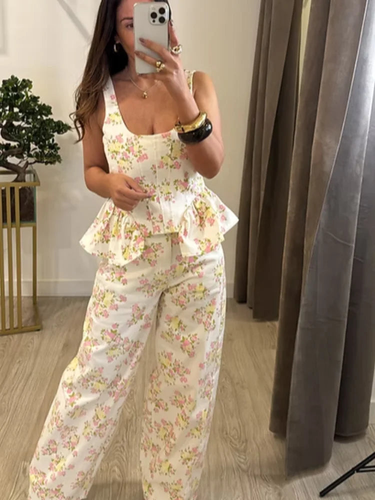 Ensemble pantalon long imprimé floral pour femme – Gilet élégant sans manches et dos nu avec pantalon large – Tenue chic pour les vacances d'été
