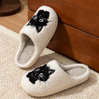 Pantoufles d'intérieur pour femmes, pantoufles d'hiver avec chat noir, pantoufles mignonnes pour filles, chambre à coucher, semelle souple antidérapante, chaussures de maison confortables en coton