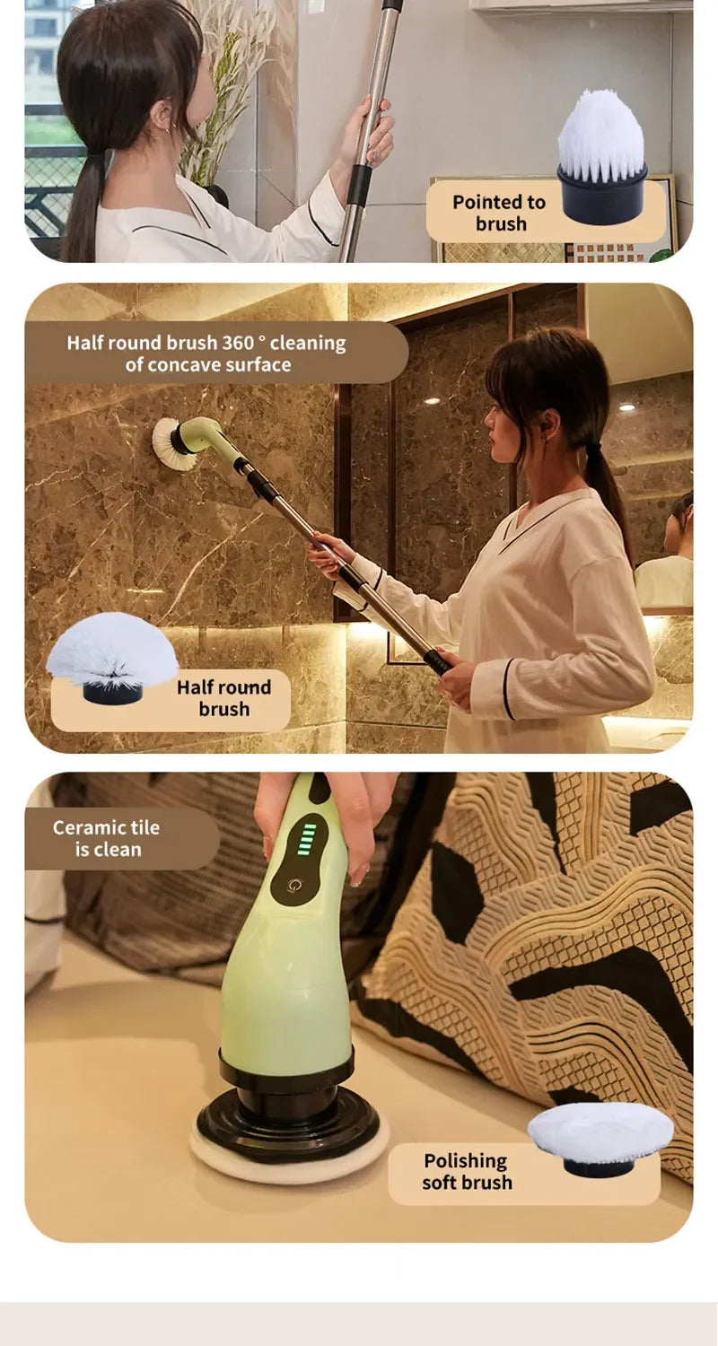Épurateur électrique 9 en 1, brosse de nettoyage sans fil, douche, poignée d'extension réglable, étanche pour baignoire, carrelage et sol