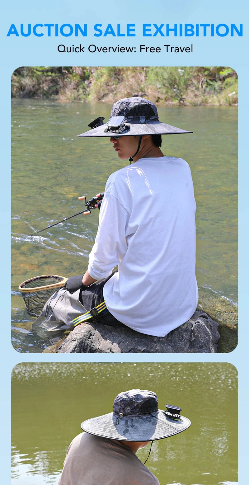 Chapeau solaire à double ventilateur à large bord, pour Camping en plein air, pêche, Anti-UV, pour hommes, escalade, Protection solaire, chapeau de pêcheur