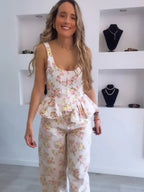 Ensemble pantalon long imprimé floral pour femme – Gilet élégant sans manches et dos nu avec pantalon large – Tenue chic pour les vacances d'été
