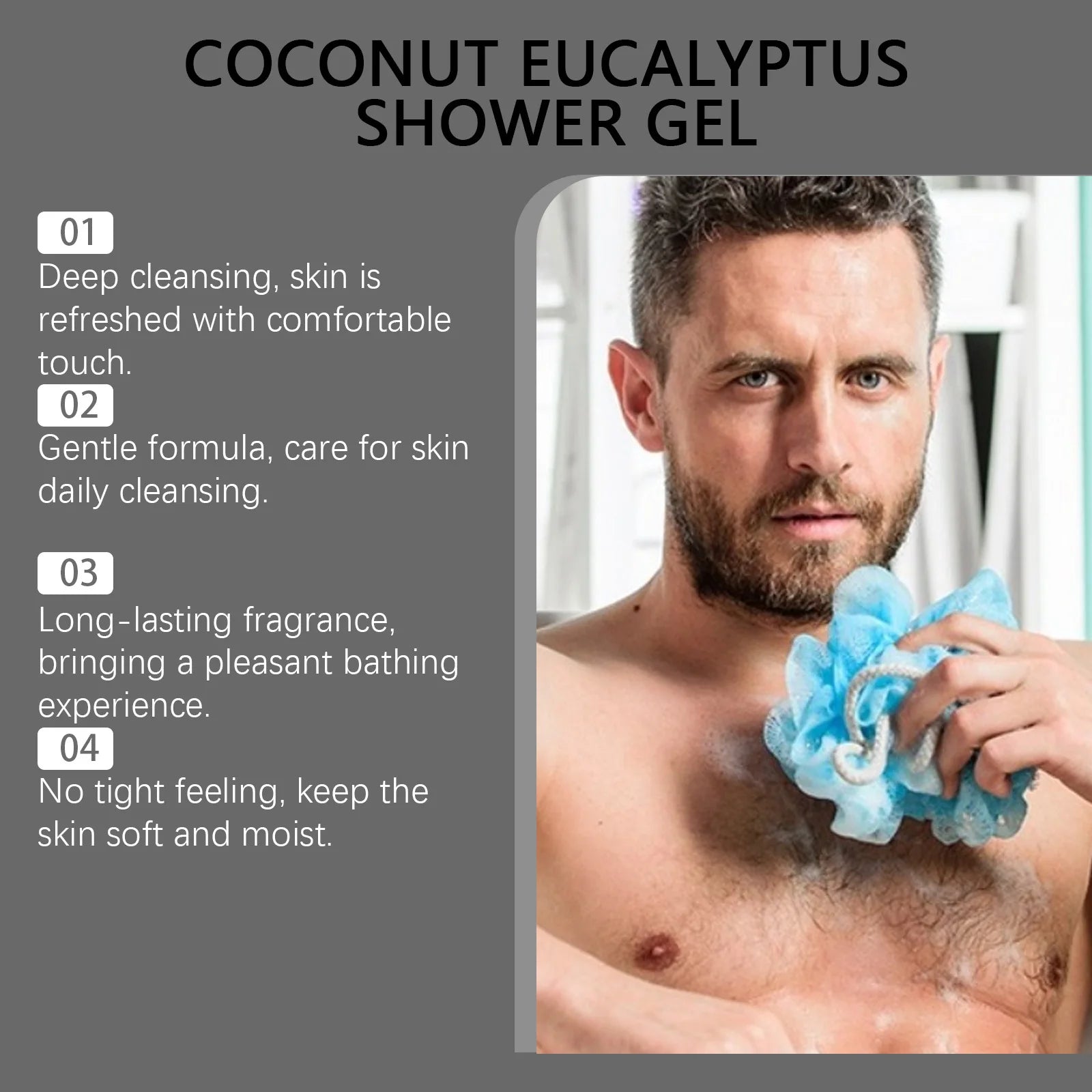 Gel douche nettoyant en profondeur pour hommes, Eucalyptus, noix de coco, parfum rafraîchissant, parfum longue durée, contrôle de l'huile, 100ml