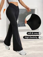 Leggings noirs de printemps taille haute, extensibles, coupe large, légèrement évasés, avec design de taille croisée, pour le sport décontracté, pantalon long