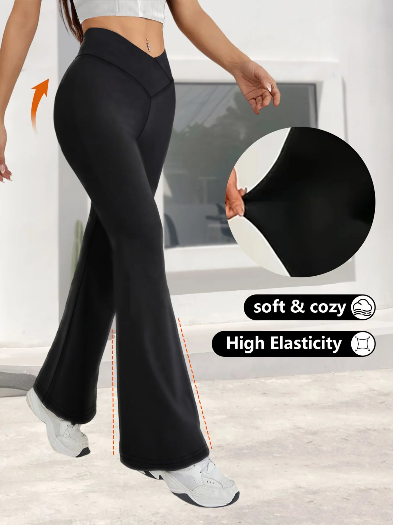Leggings noirs de printemps taille haute, extensibles, coupe large, légèrement évasés, avec design de taille croisée, pour le sport décontracté, pantalon long
