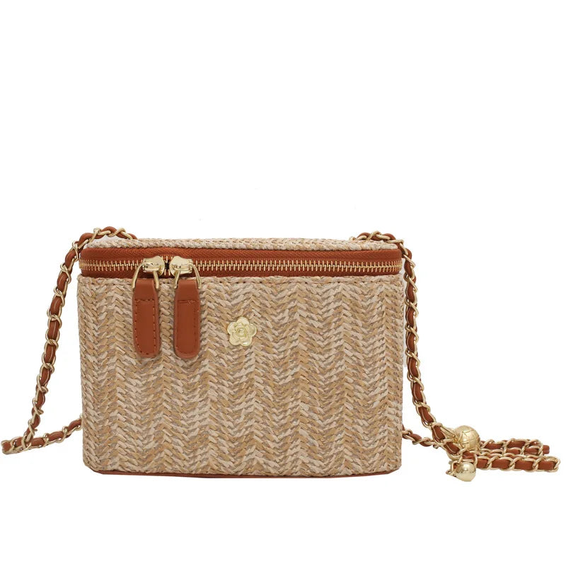 Mini sac à bandoulière seau en paille pour femmes, sacs à main et bourses de marque tissés avec chaîne à la mode, sacs à bandoulière simples, été 2026