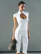 Ahagaga Fashion T-shirt d'été polyvalent pour femme, style club, avec découpe à la poitrine, manches courtes, effet taille cintrée, Y2k, sexy et décontracté