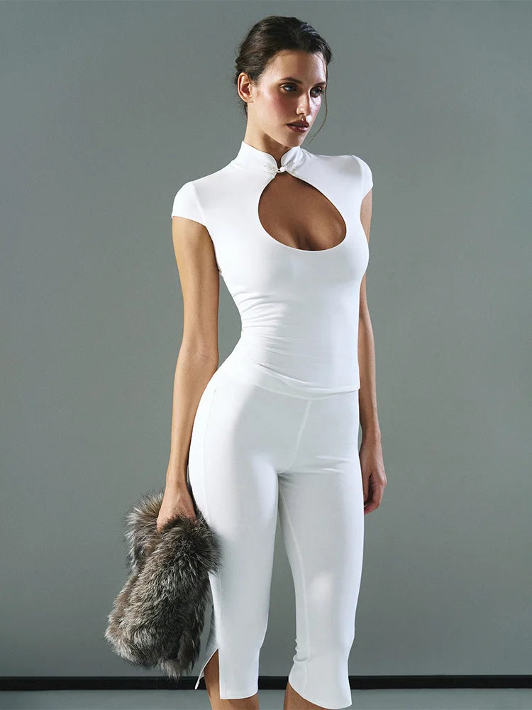 Ahagaga Fashion T-shirt d'été polyvalent pour femme, style club, avec découpe à la poitrine, manches courtes, effet taille cintrée, Y2k, sexy et décontracté