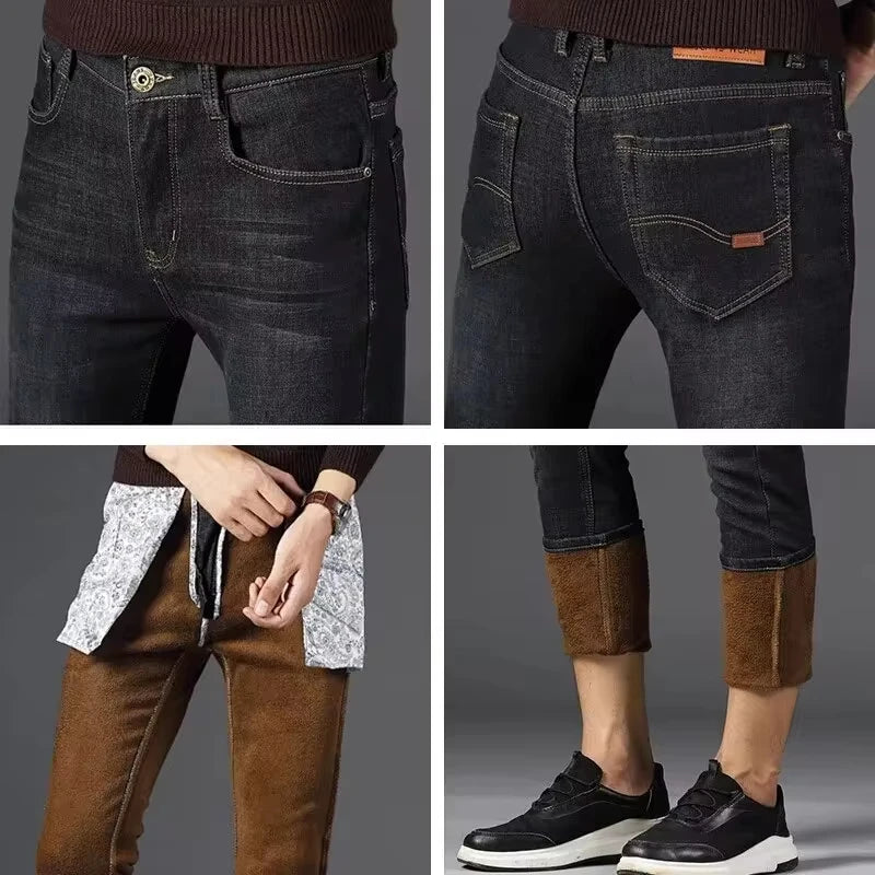 Jeans doublés en polaire réfléchissants pour hommes - Doublure épaisse et chaude, denim durable et bordure réfléchissante, sûrs pour les trajets nocturnes en hiver et décontractés