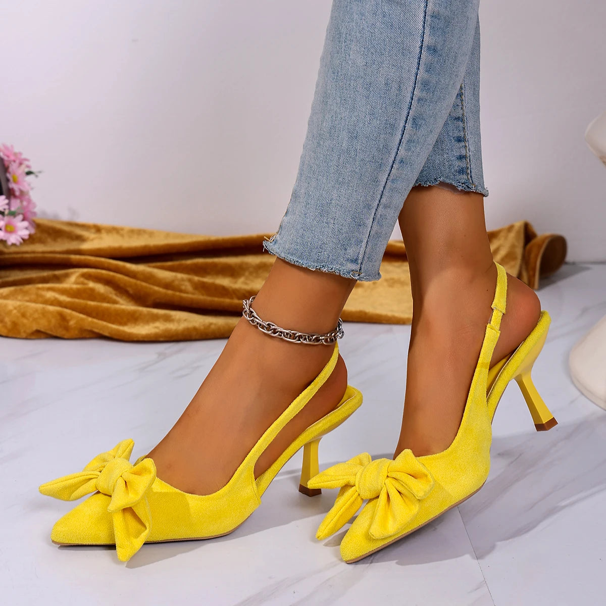 Sandales à talons aiguilles enveloppés avec nœud d'été pour femmes, bout pointu, bouche peu profonde, pied antidérapant, résistant à l'usure, talons hauts