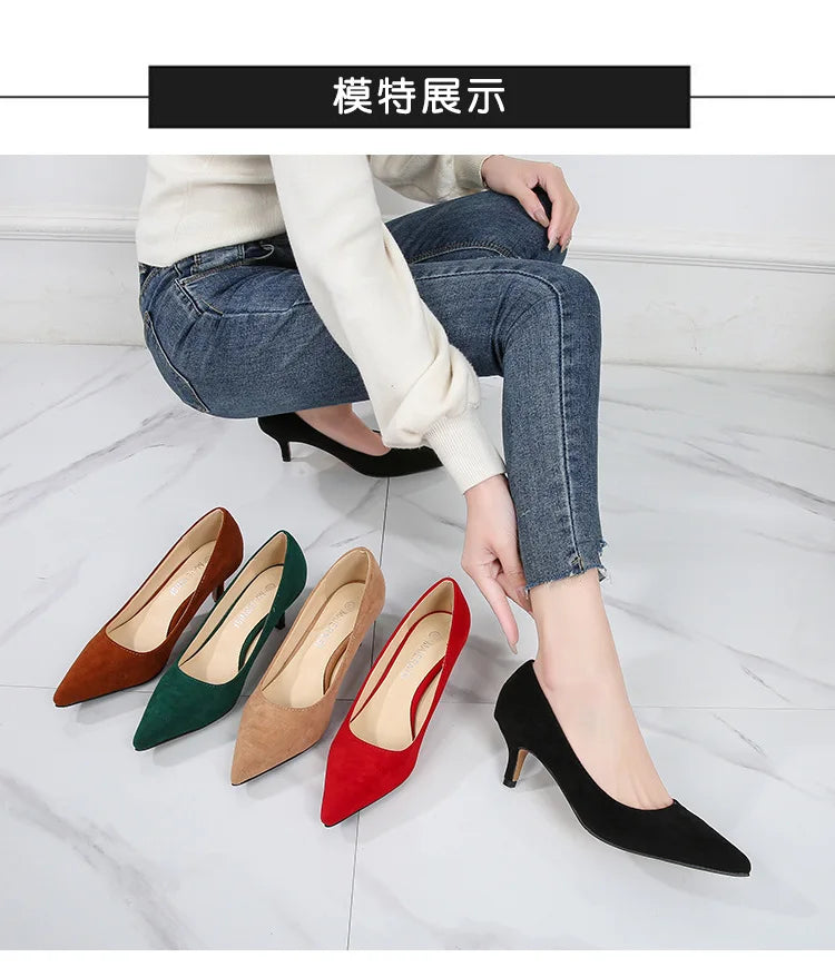 Femmes daim chaussures simples 5CM mode bout pointu sans lacet talons hauts printemps automne bouche peu profonde pompes à talons aiguilles grande taille 45 46